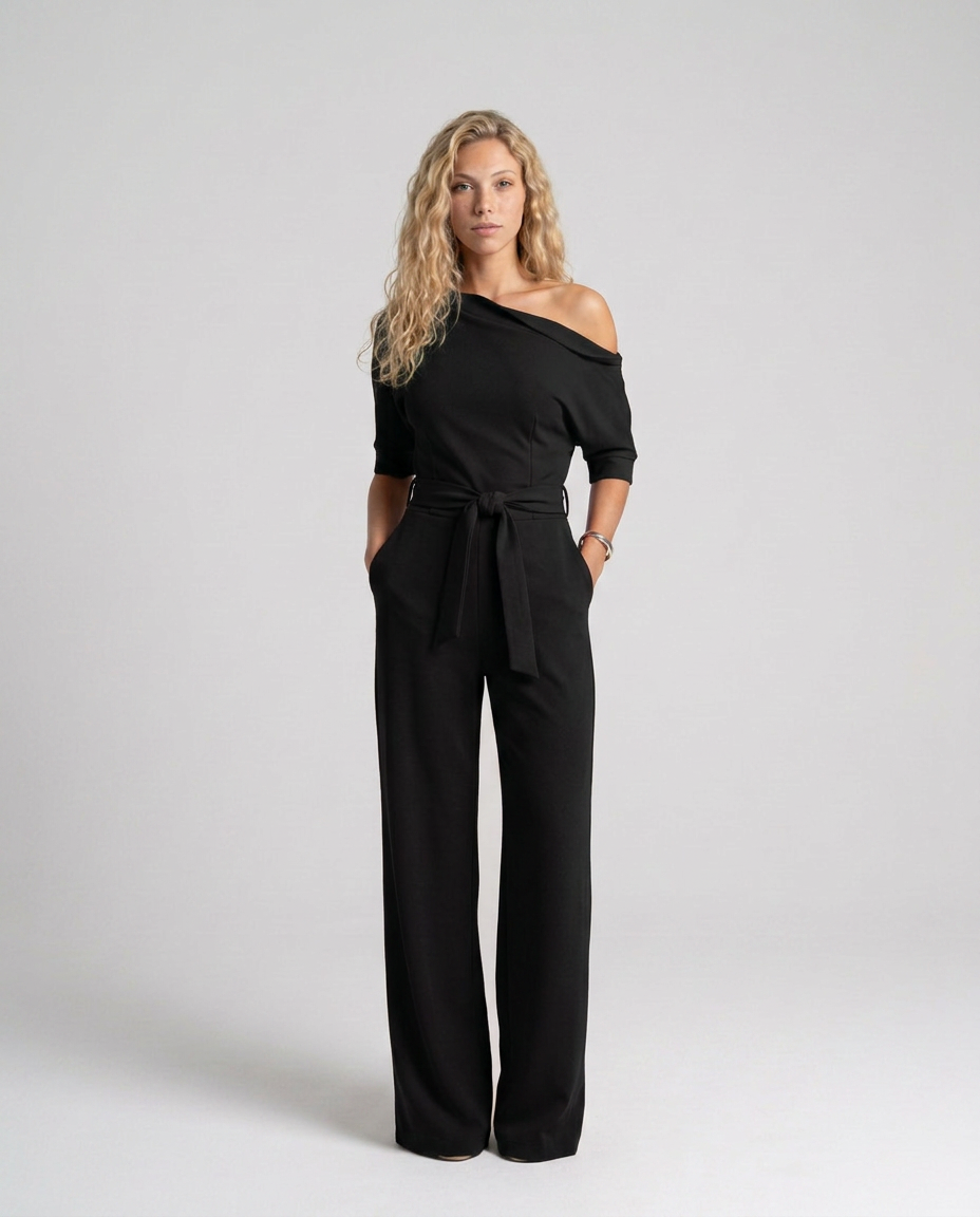 Women's Off-Shoulder Jumpsuit with Wide-Leg Trousers and Tie Belt - 8