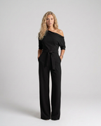 Women's Off-Shoulder Jumpsuit with Wide-Leg Trousers and Tie Belt - 8