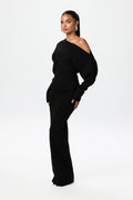 Women's Off Shoulder Knit Maxi Dress with Long Sleeves and Bodycon Fit - Black
