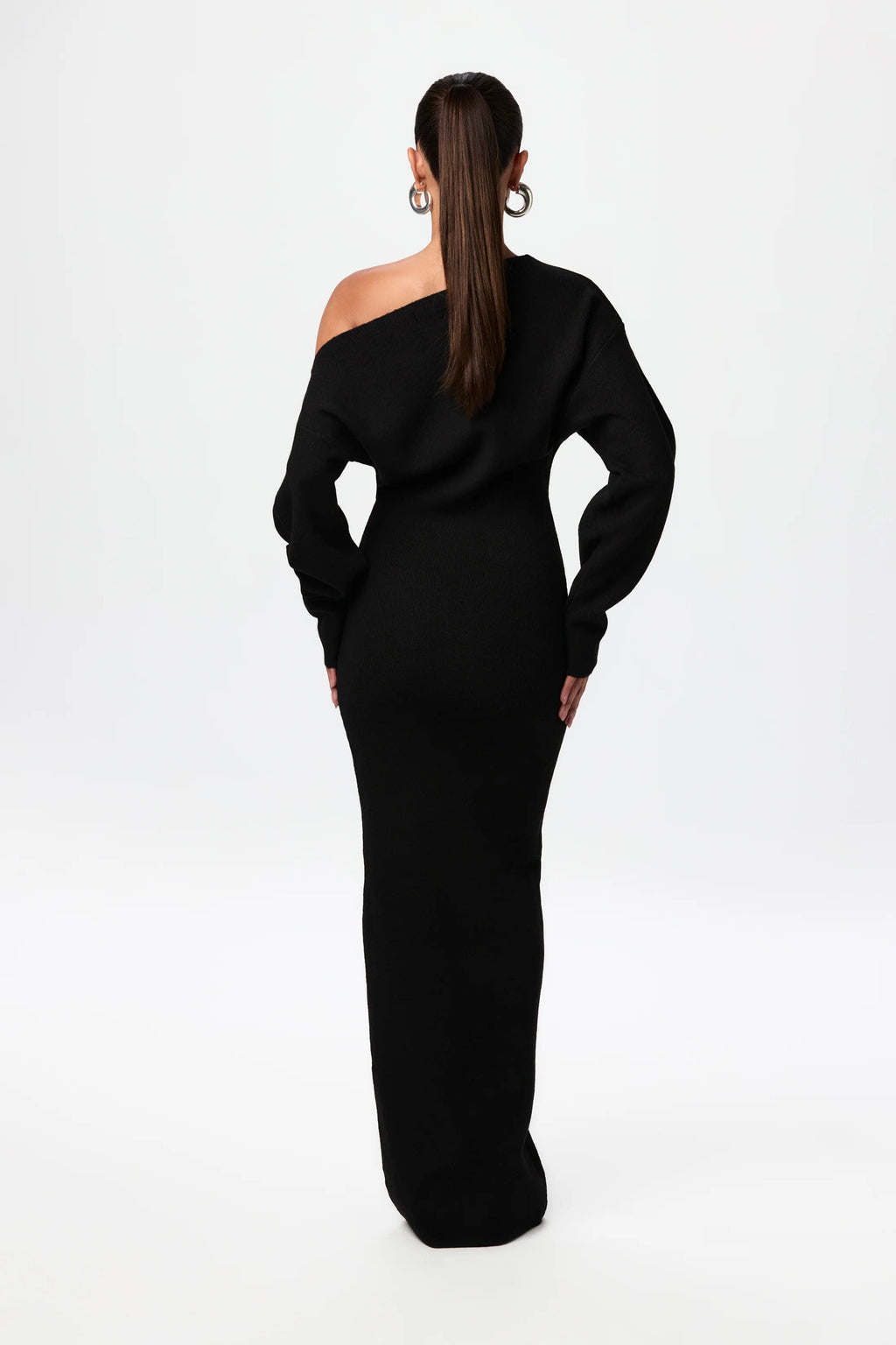 Women's Off Shoulder Knit Maxi Dress with Long Sleeves and Bodycon Fit - 5