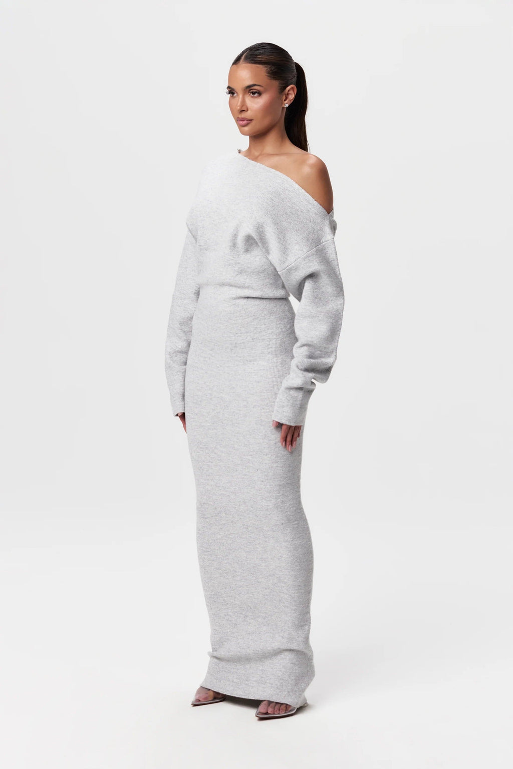 Women's Off Shoulder Knit Maxi Dress with Long Sleeves and Bodycon Fit - Grey
