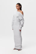 Women's Off Shoulder Knit Maxi Dress with Long Sleeves and Bodycon Fit - Grey