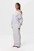Women's Off Shoulder Knit Maxi Dress with Long Sleeves and Bodycon Fit - Grey