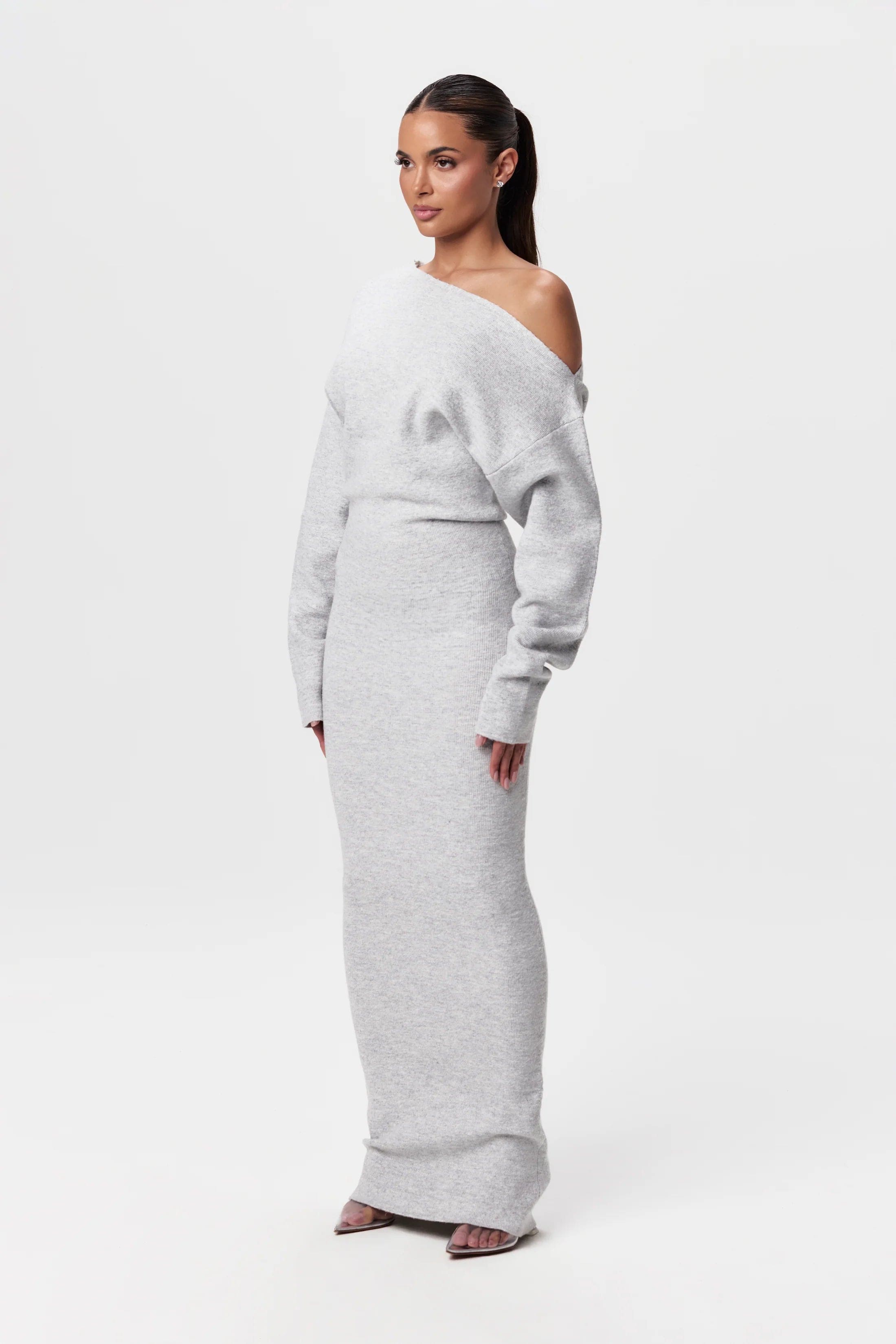 Women's Off Shoulder Knit Maxi Dress with Long Sleeves and Bodycon Fit - Grey