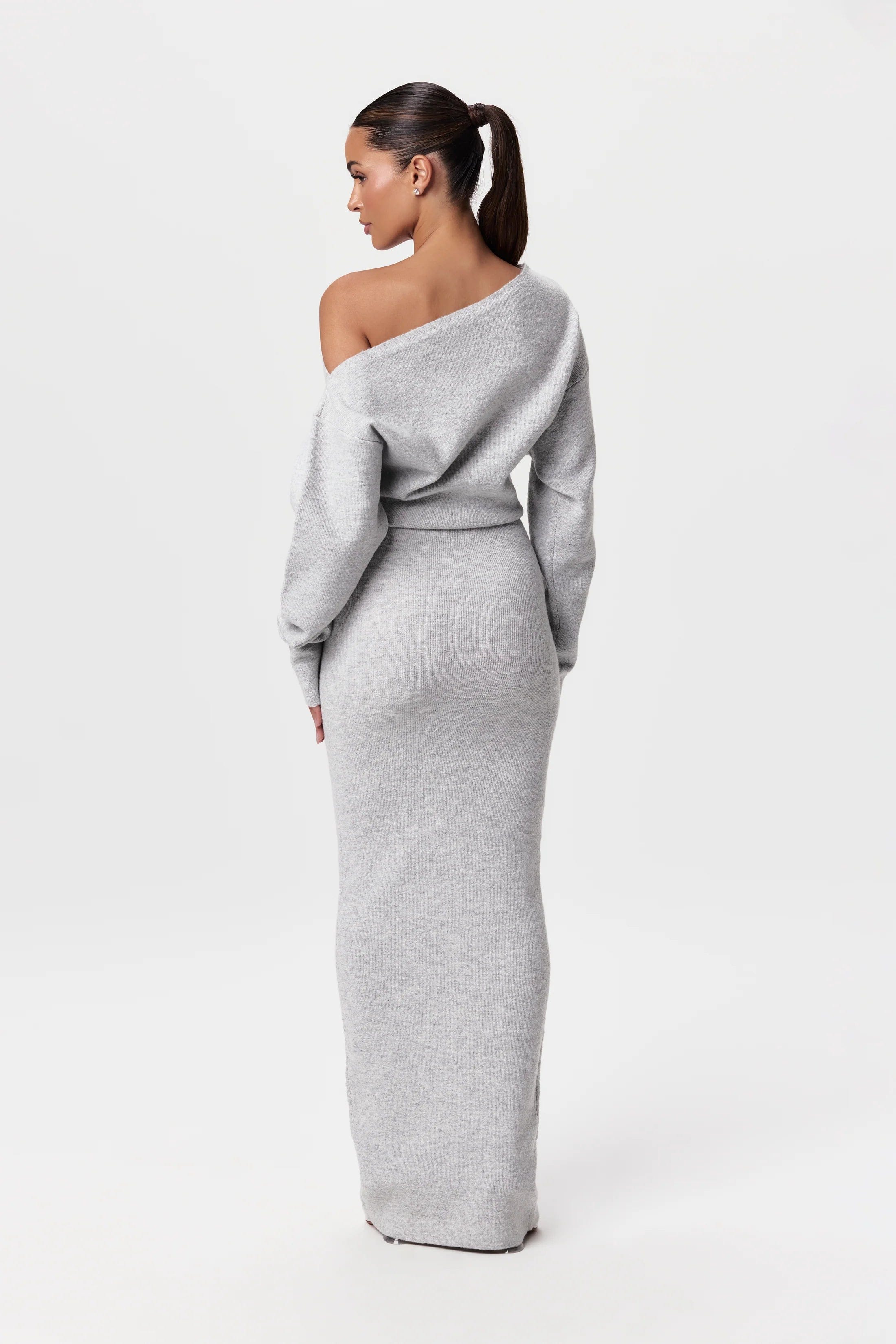 Women's Off Shoulder Knit Maxi Dress with Long Sleeves and Bodycon Fit - 6