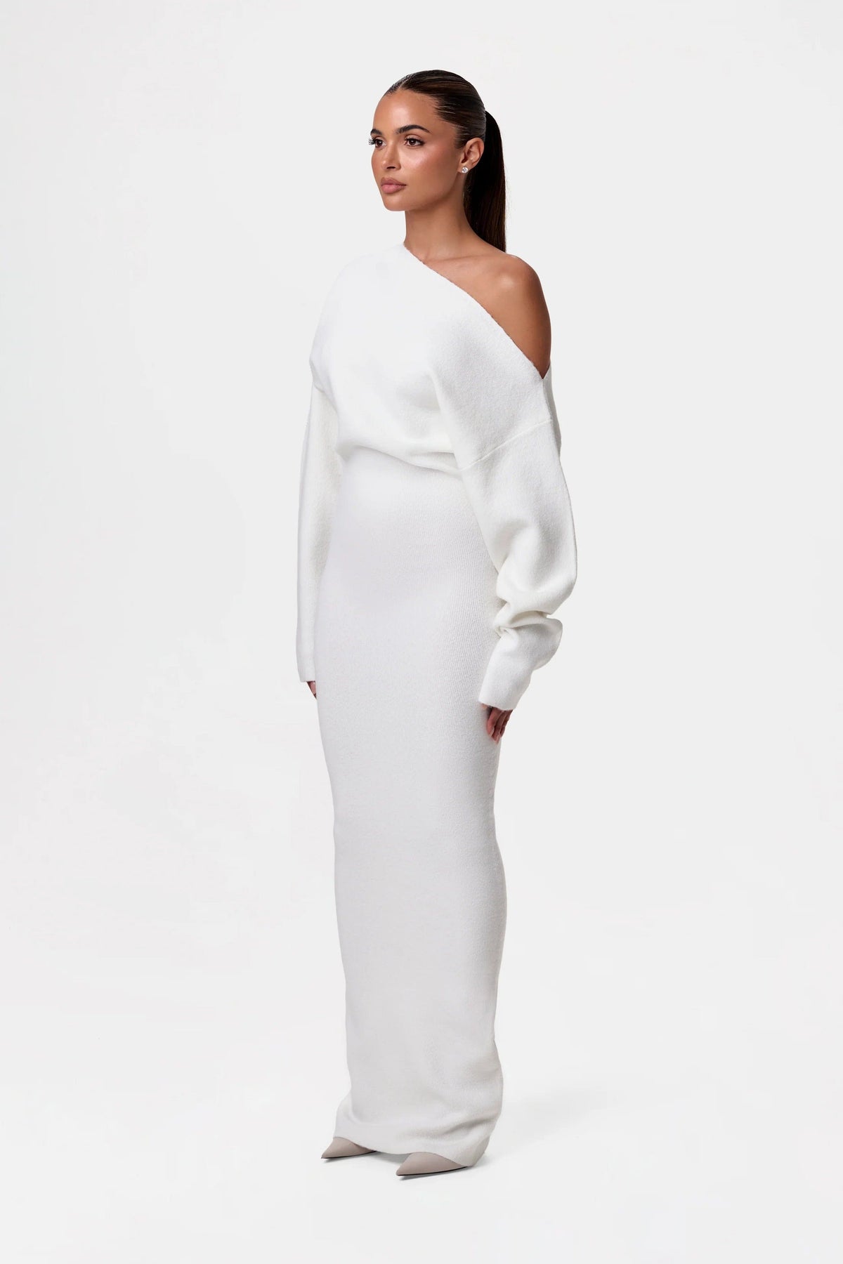 Women's Off Shoulder Knit Maxi Dress with Long Sleeves and Bodycon Fit - White