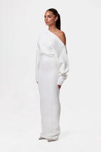 Women's Off Shoulder Knit Maxi Dress with Long Sleeves and Bodycon Fit - White