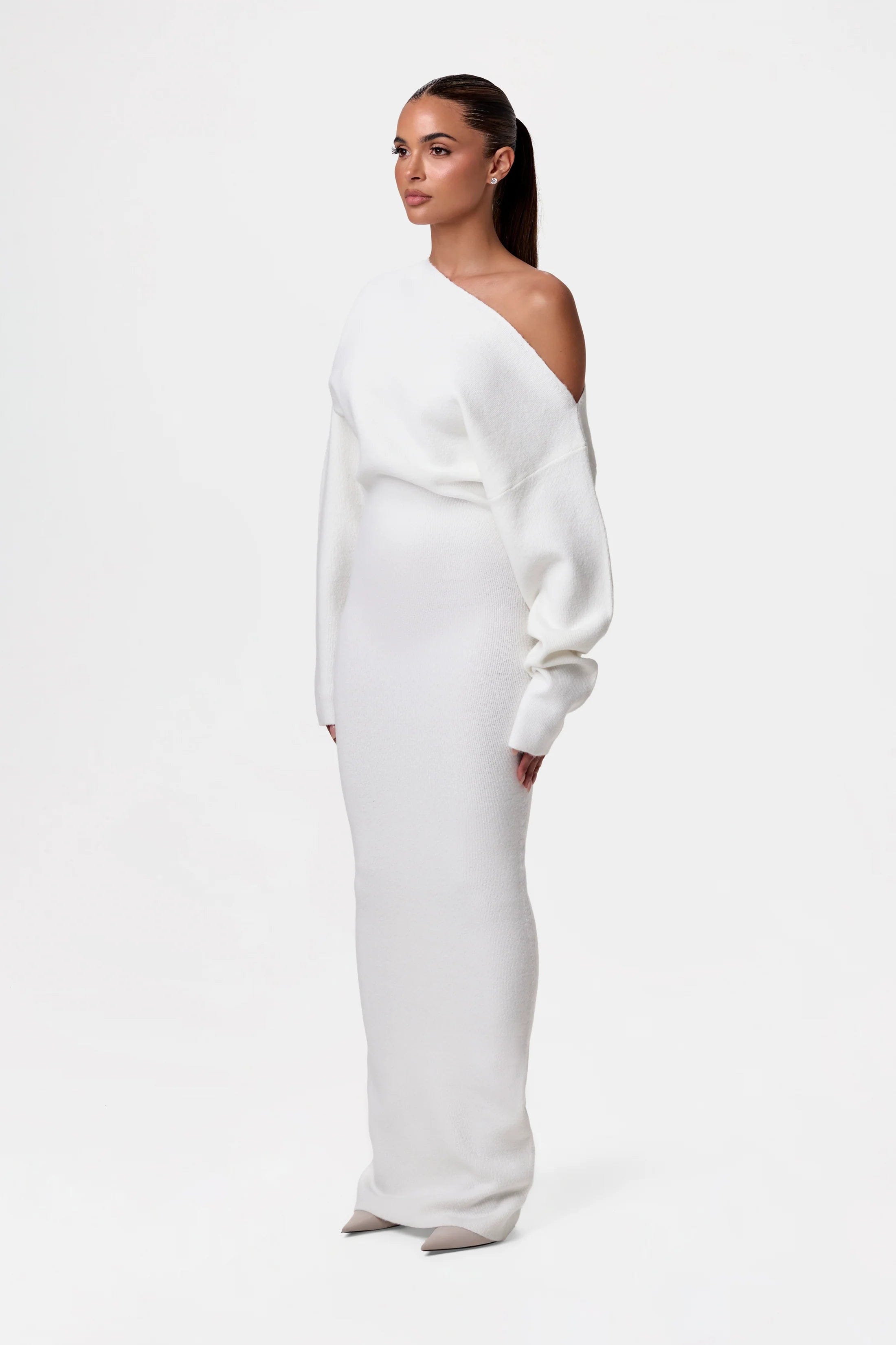 Women's Off Shoulder Knit Maxi Dress with Long Sleeves and Bodycon Fit - White