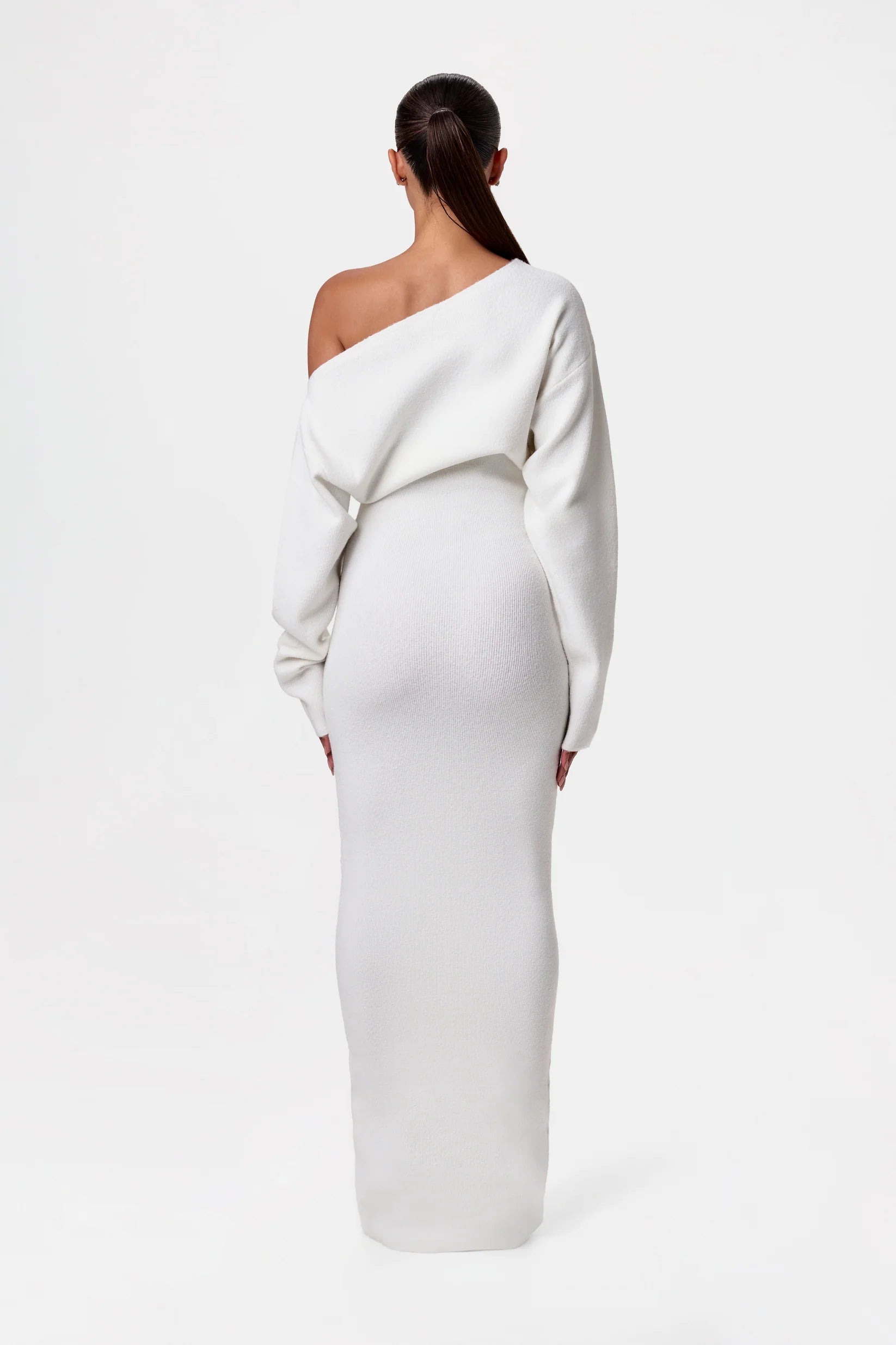 Women's Off Shoulder Knit Maxi Dress with Long Sleeves and Bodycon Fit - 7