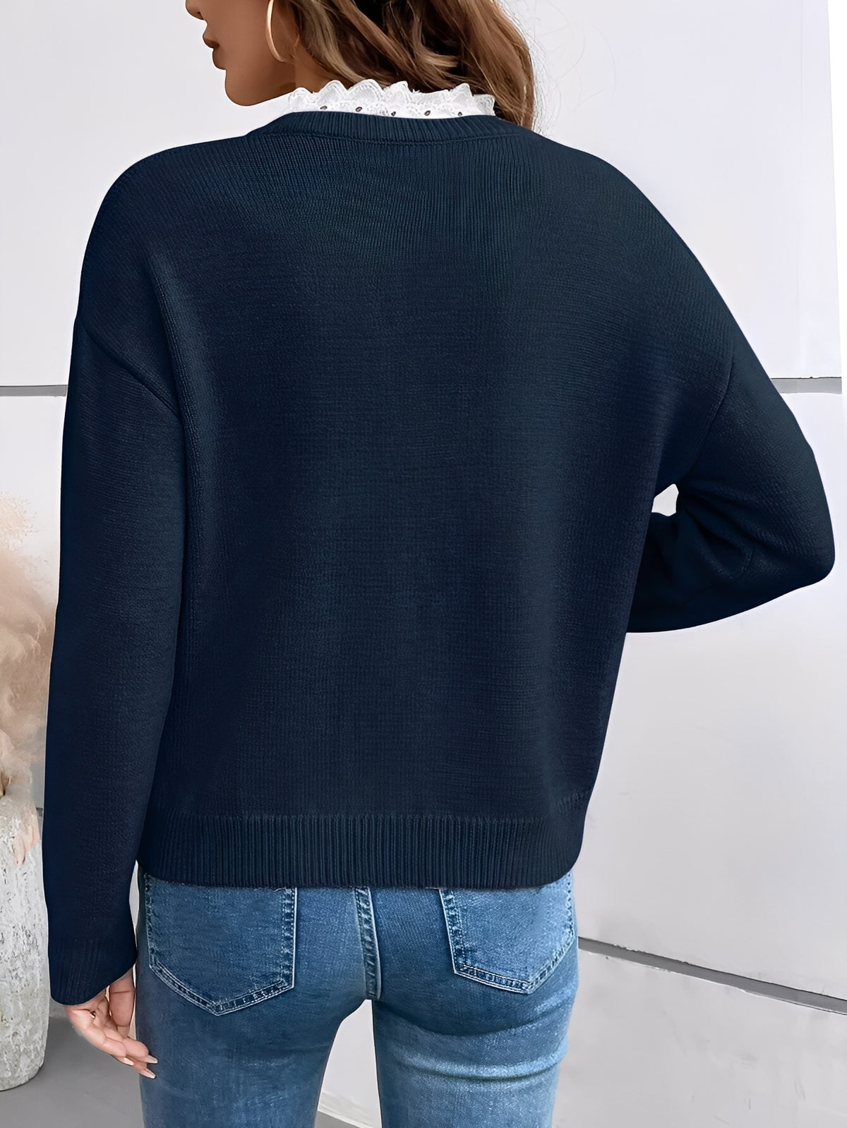 Women's Jumper with Lace Detailing and Round Neck - 2