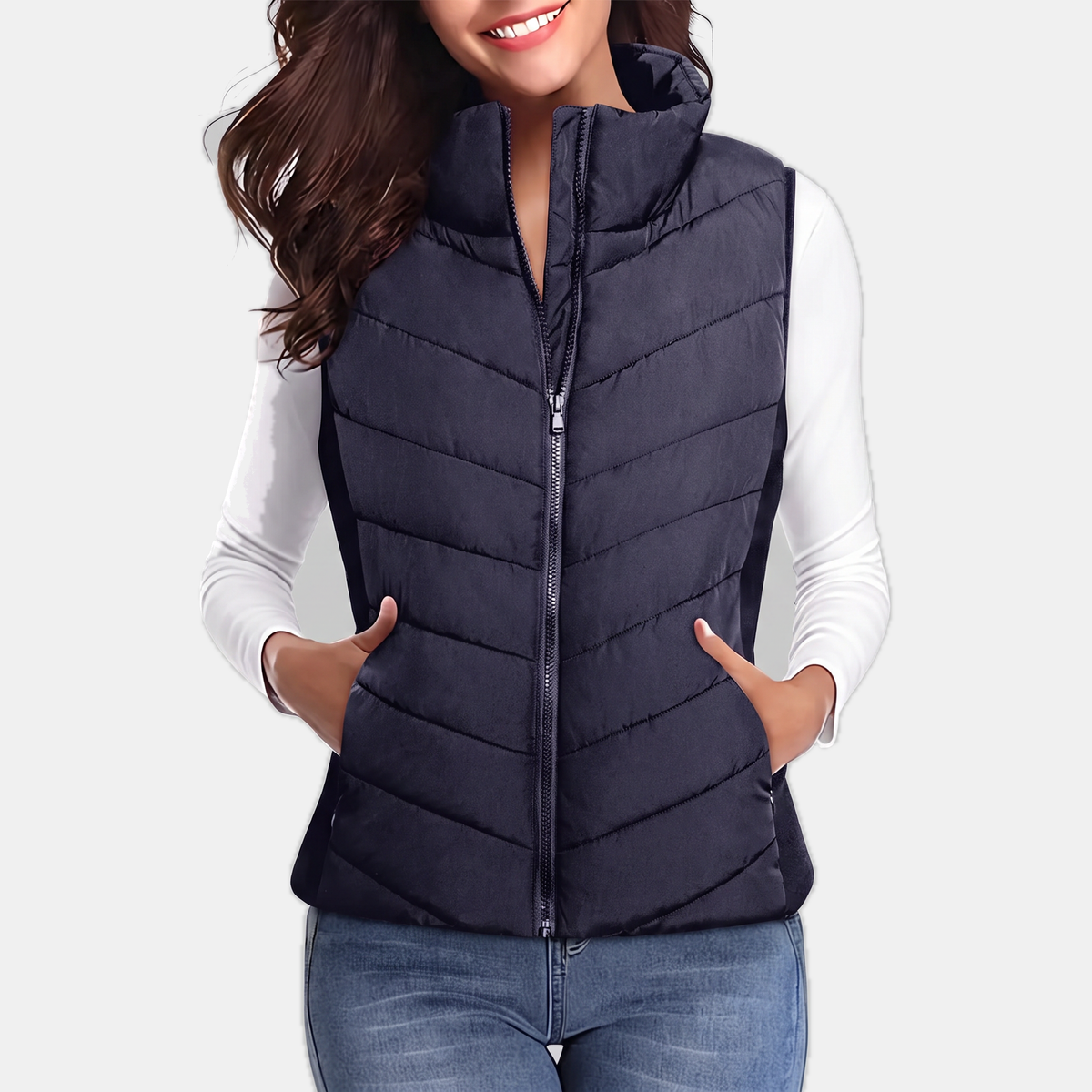Women's Quilted Puffer Gilet Stand Collar Zip Up Sleeveless Gilet - Navy Blue