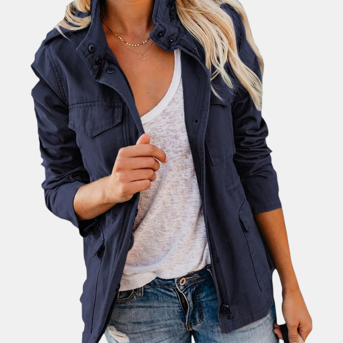 Women's Utility Cargo Jacket with Multi Pocket Drawstring Waist - Navy