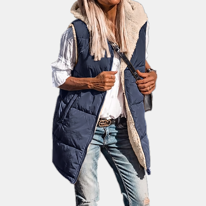 Women's Reversible Puffer Gilet Sherpa Lined Hooded Sleeveless Coat - Navy