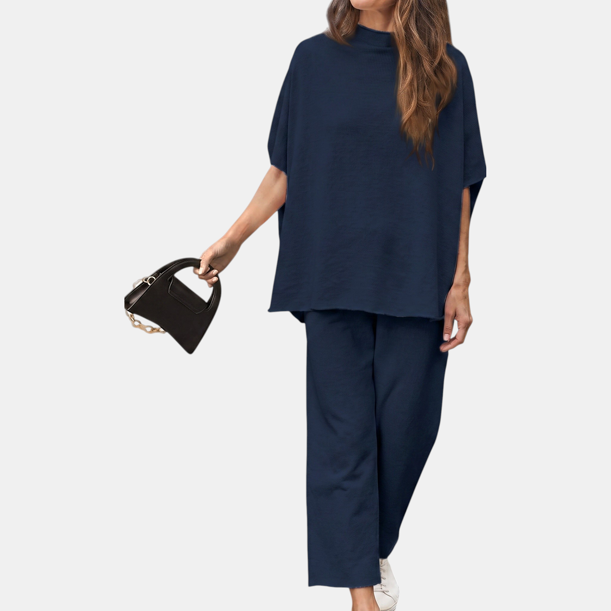 Women's Mock Neck Lounge Set Wide Leg Cropped Trousers - Navy