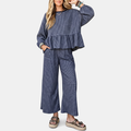 Women's Ruffle Hem Lounge Set Wide Leg Cropped Trousers - Navy