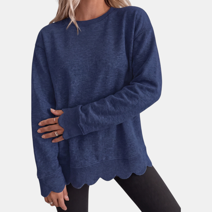 Women's Scallop Hem Crewneck Oversized Sweatshirt - Navy