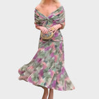 Women's Off-Shoulder Ruched Floral Midi Dress with Flowing Skirt