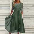 Women's Midi Dress with Lace Bodice and Flowy A-Line Skirt - Green