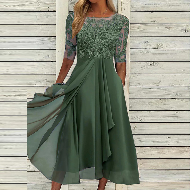 Women's Midi Dress with Lace Bodice and Flowy A-Line Skirt - Green