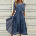 Women's Midi Dress with Lace Bodice and Flowy A-Line Skirt - Blue
