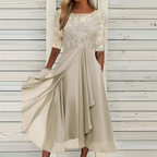 Women's Midi Dress with Lace Bodice and Flowy A-Line Skirt - Beige