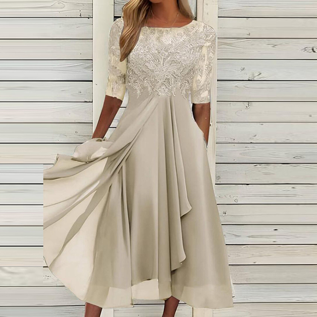 Women's Midi Dress with Lace Bodice and Flowy A-Line Skirt - Beige
