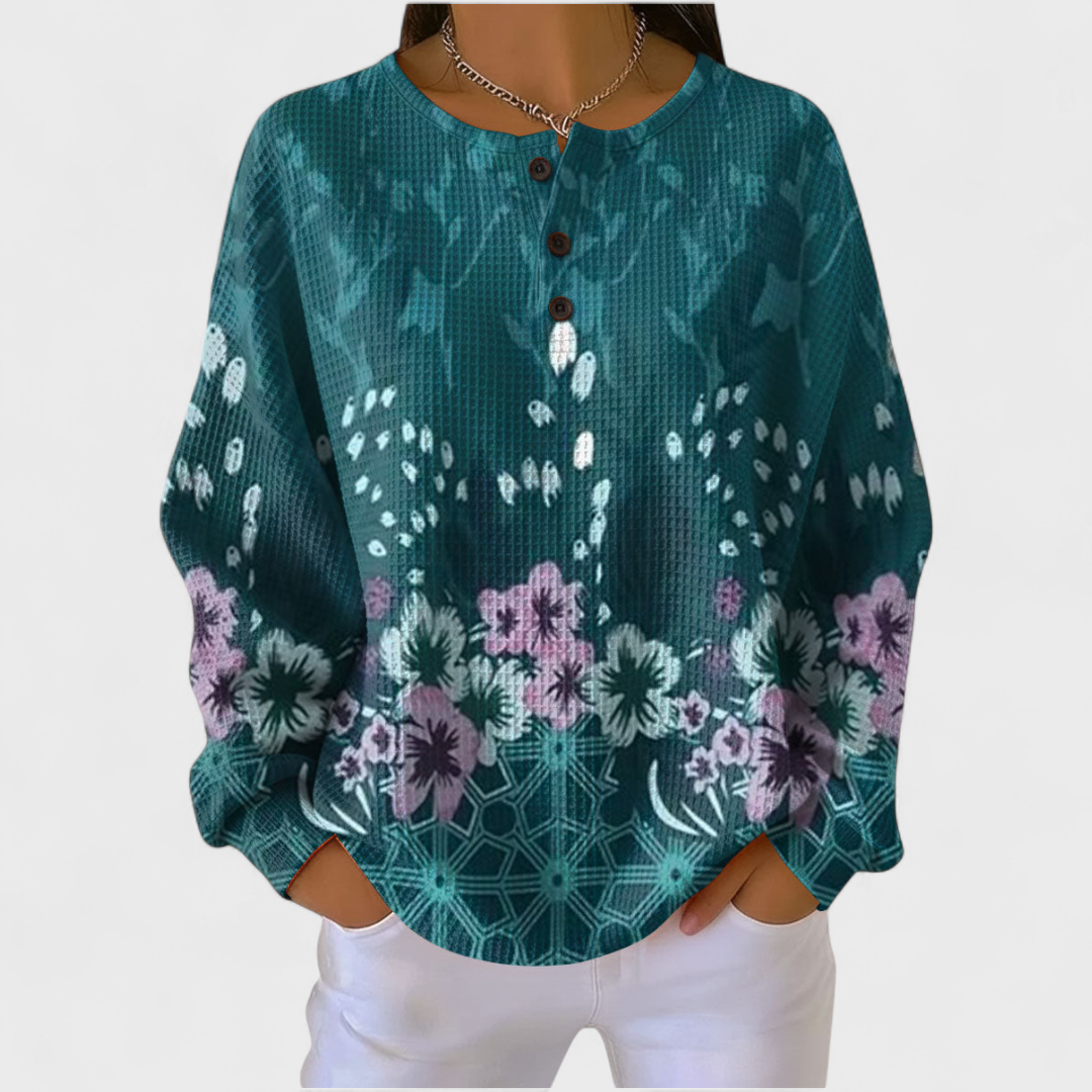 Women's Jumper Long Sleeve with Floral Print and Button Neckline - Multicolour