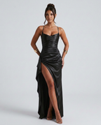 Women's Maxi Dress Sleeveless with Ruched Waist and Thigh-High Slit - 6