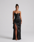 Women's Maxi Dress Sleeveless with Ruched Waist and Thigh-High Slit - Black
