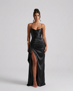 Women's Maxi Dress Sleeveless with Ruched Waist and Thigh-High Slit - Black