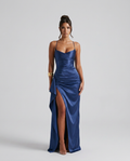 Women's Maxi Dress Sleeveless with Ruched Waist and Thigh-High Slit - Navy