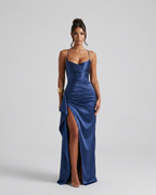 Women's Maxi Dress Sleeveless with Ruched Waist and Thigh-High Slit - Navy
