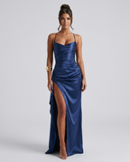 Women's Maxi Dress Sleeveless with Ruched Waist and Thigh-High Slit - 2