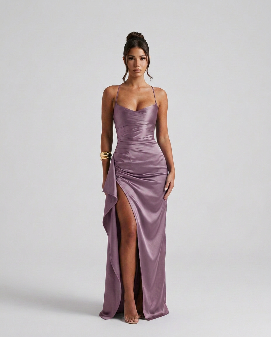 Women's Maxi Dress Sleeveless with Ruched Waist and Thigh-High Slit - Purple