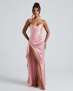 Women's Maxi Dress Sleeveless with Ruched Waist and Thigh-High Slit - 12