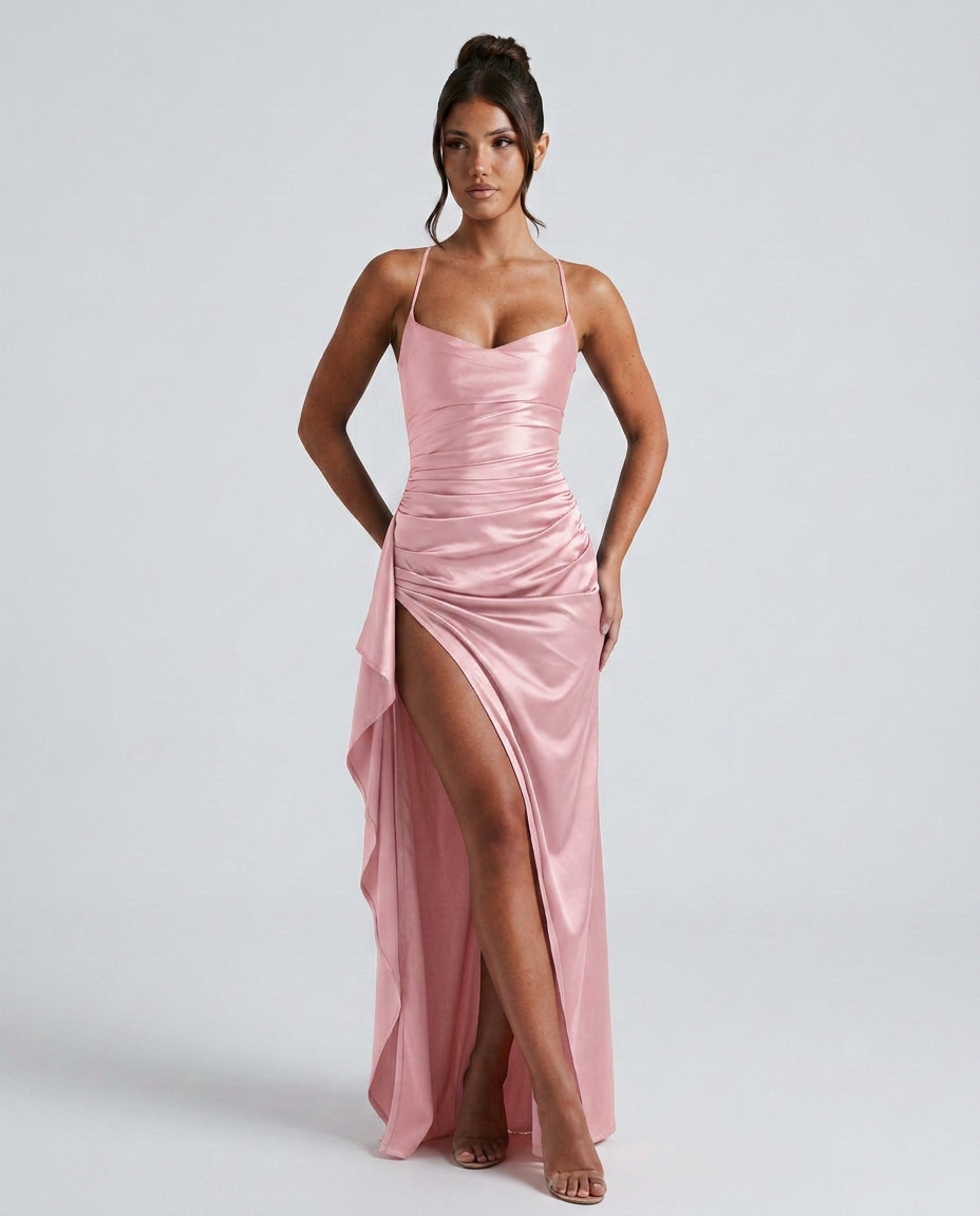 Women's Maxi Dress Sleeveless with Ruched Waist and Thigh-High Slit - 12