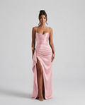 Women's Maxi Dress Sleeveless with Ruched Waist and Thigh-High Slit - Pink