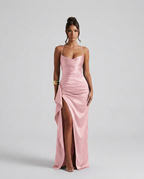 Women's Maxi Dress Sleeveless with Ruched Waist and Thigh-High Slit - Pink