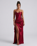 Women's Maxi Dress Sleeveless with Ruched Waist and Thigh-High Slit - 14