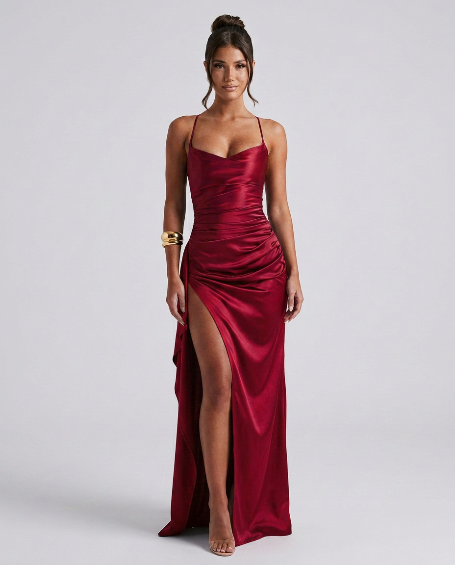 Women's Maxi Dress Sleeveless with Ruched Waist and Thigh-High Slit - 14
