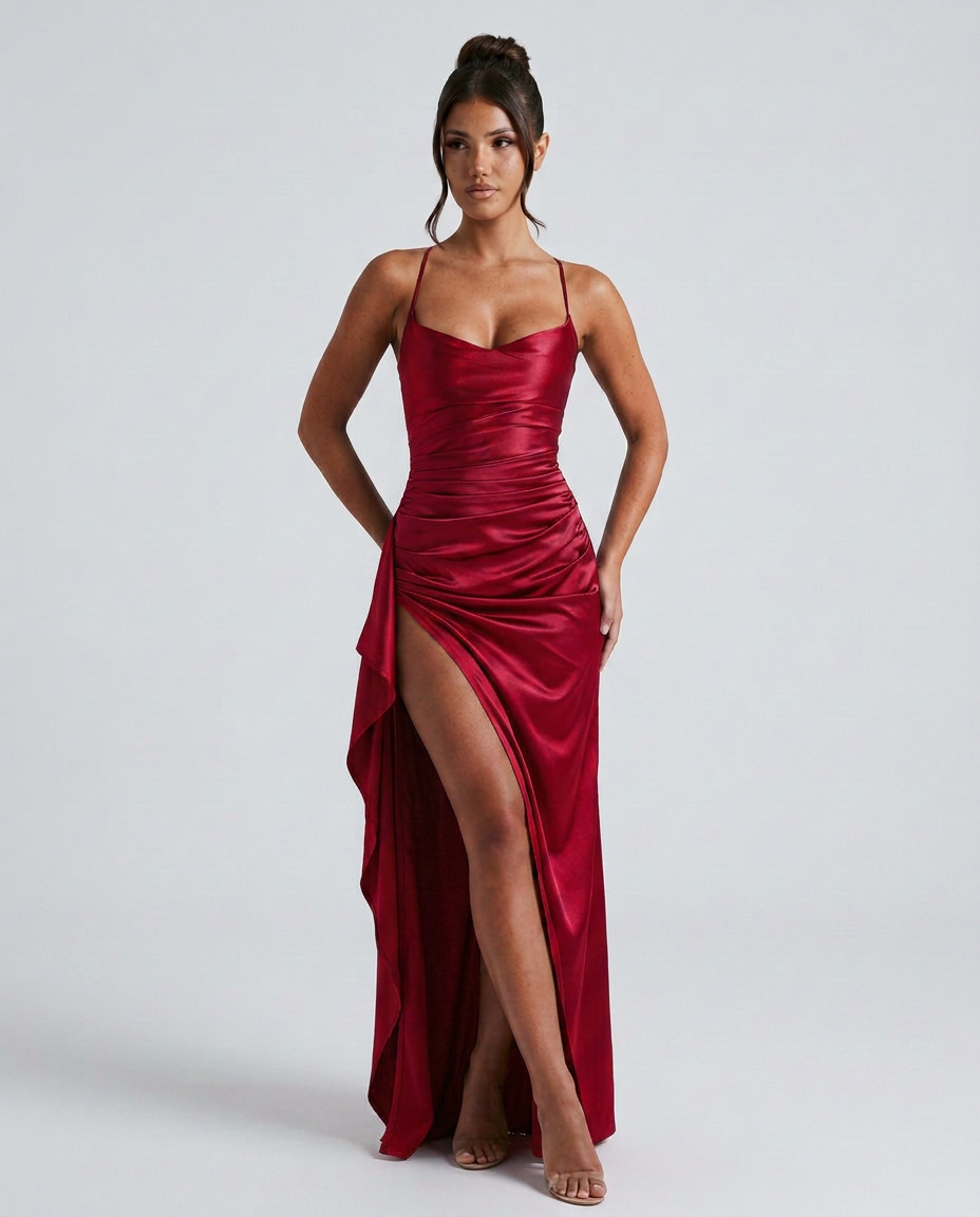 Women's Maxi Dress Sleeveless with Ruched Waist and Thigh-High Slit - 15