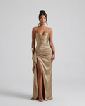 Women's Maxi Dress Sleeveless with Ruched Waist and Thigh-High Slit - Beige