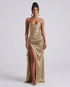 Women's Maxi Dress Sleeveless with Ruched Waist and Thigh-High Slit - 8