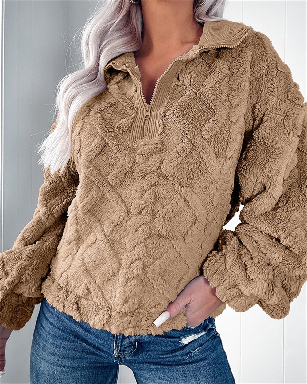 Women's Zip-Neck Fleece Pullover with Textured Finish - Khaki