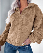Women's Zip-Neck Fleece Pullover with Textured Finish - Khaki
