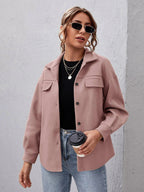 Women's Oversized Shirt Jacket with Collar and Pocket Detail - Pink