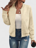 Women's Bomber Jacket with Geometric Texture and Zip Fastening - Beige