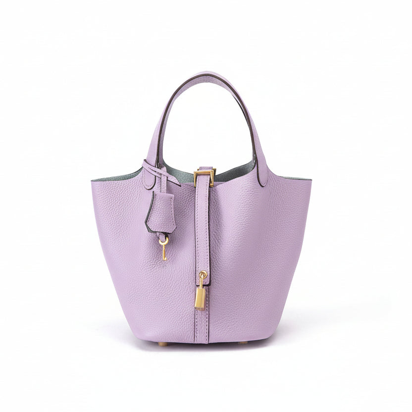Women's Structured Bucket Bag with Twist-Lock Clasp - Purple Lilac