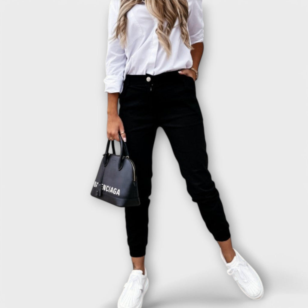 Women's Stretch Trousers with High Elastic Waistband and Ankle Length - Black