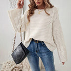 Women's Cable Knit Jumper Round Neck Wide Sleeve - 4